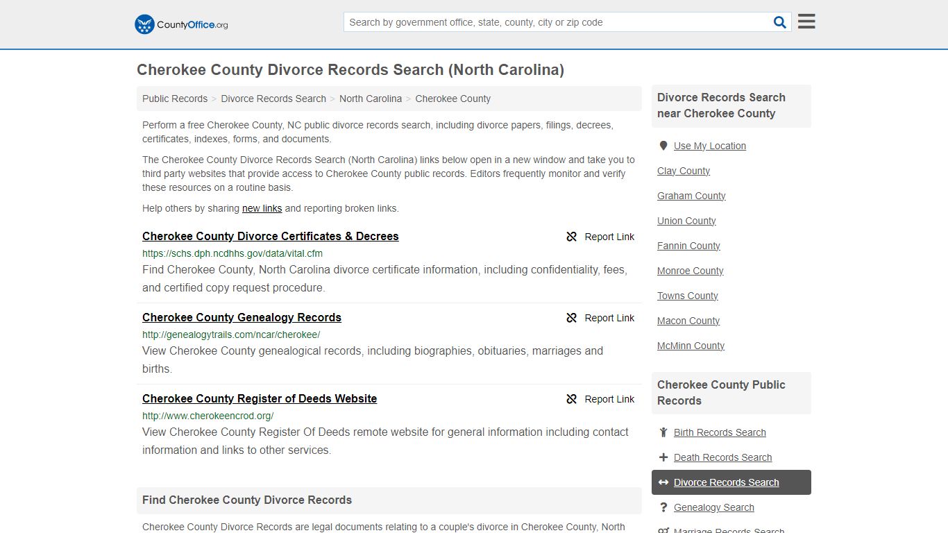 Cherokee County Divorce Records Search (North Carolina) - County Office